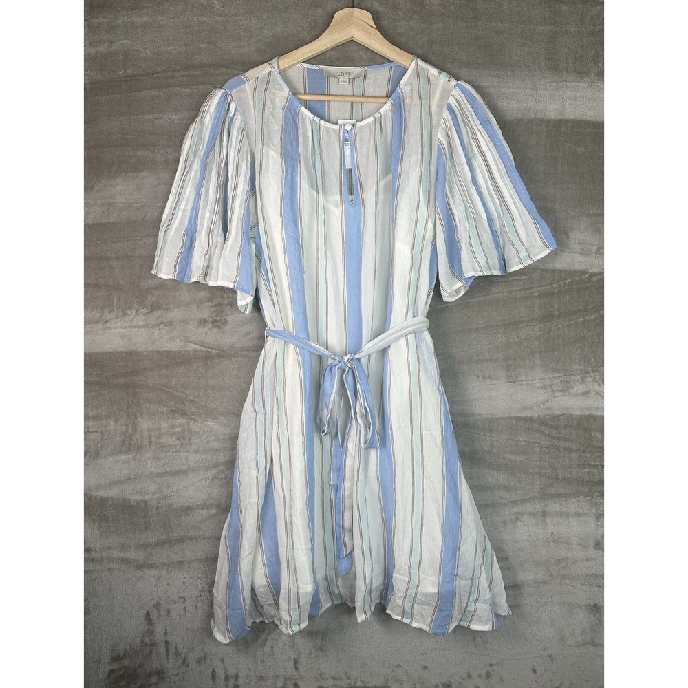LOFT Womens Blue Off White Striped Lightweight Dress M Flutter Sleeve Belted NWT